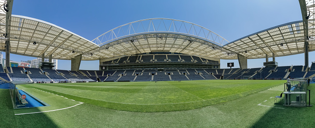 Porto Portugal - 06 05 2023: Panoramic inside view of the Dragon Stadium or Estadio do Dragão or Dragon Arena, an all-seater football stadium in Porto, Portugal