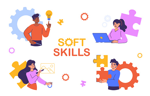 People with soft skills concept. Men and women work on common project. Collaboration and cooperation. Colleagues and partners work on common project. Cartoon flat vector illustration