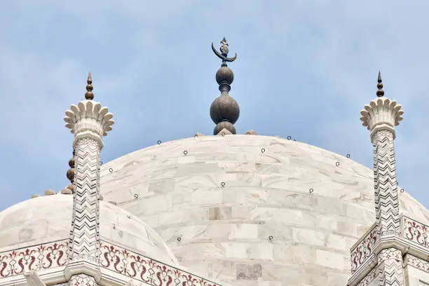 Photo of Close up Taj Mahal dome white marble mausoleum landmark in Agra, Uttar Pradesh, India,