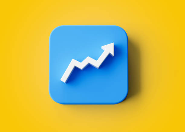 3d White Moving Up Growth Arrow Symbol Blue Rounded Square Icon On Yellow Background 3d Illustration