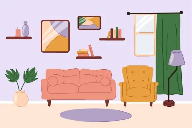 Vector illustration of Living room interior with furniture. Home interior with sofa, armchair, carpet, window, houseplant. Flat doodle vector illustration.