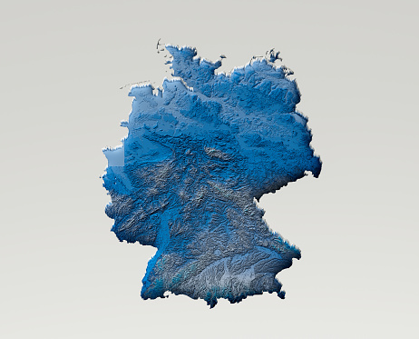 3d Deep Blue Water Germany Map Shaded Relief Texture Map On White Background 3d Illustration\nSource Map Data: tangrams.github.io/heightmapper/,\nSoftware Cinema 4d