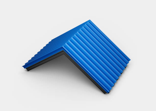白い背景に屋根のための3d青い金属屋根シート波形亜鉛メッキ鉄、3dイラスト - architecture roof aluminum sheet industry ストックフォトと画像