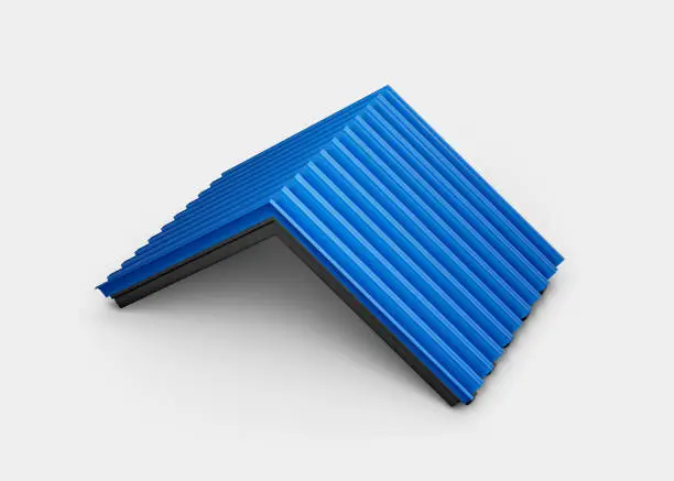Photo of 3d Blue Metallic Roof Sheet Corrugated Galvanised Iron For Roof On White Background, 3d Illustration