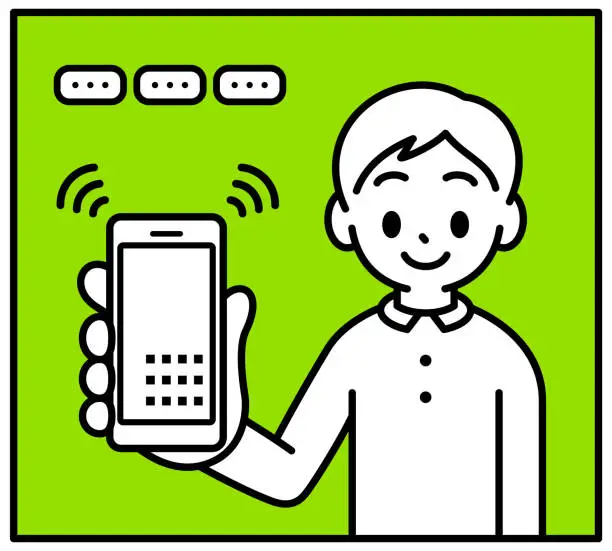 Vector illustration of A boy is showing a smartphone, looking at the viewer, minimalist style, black and white outline