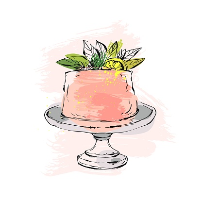 Hand drawn vector abstract watercolor textured cake on cake stand with lemon,flowers and leaves in peach colors isolated on white background.Wedding, art,anniversary,birthday,save the date,cake shop