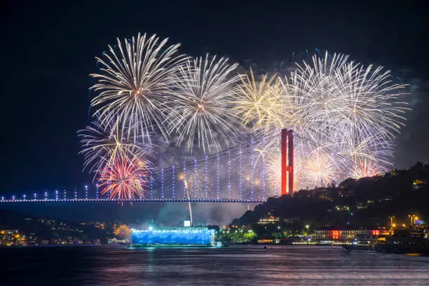 Istanbul, Ortakoy, Turkey - 29 October 2022: Fireworks over Bosphorus in Istanbul during October 29th celebrations
