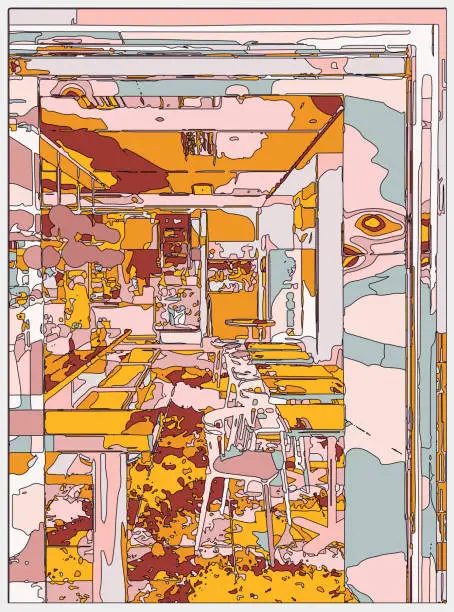 Vector illustration of neon colors metaverse art cartoon indoor scene, Interior space of restaurant