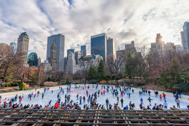 Manhattan skyline with ice rink New York winter USA