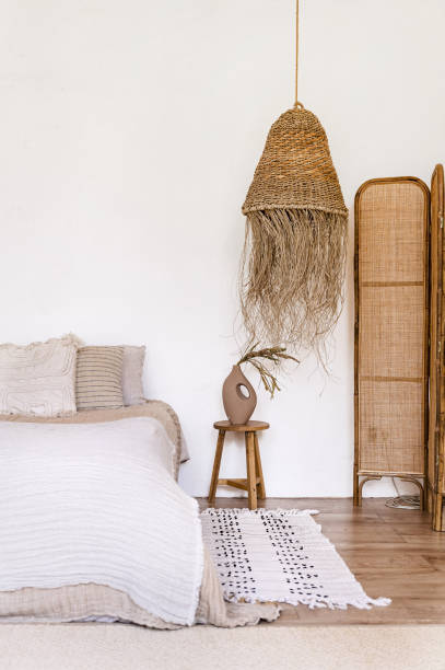 istock Ethnic style bedroom in home with wooden decorative elements 1533315689