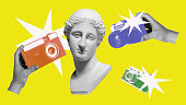 Contemporary art collage. Human hands with retro cameras taking photos of antique statue bust over yellow background