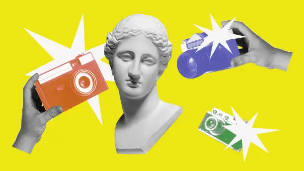 Photo of Contemporary art collage. Human hands with retro cameras taking photos of antique statue bust over yellow background