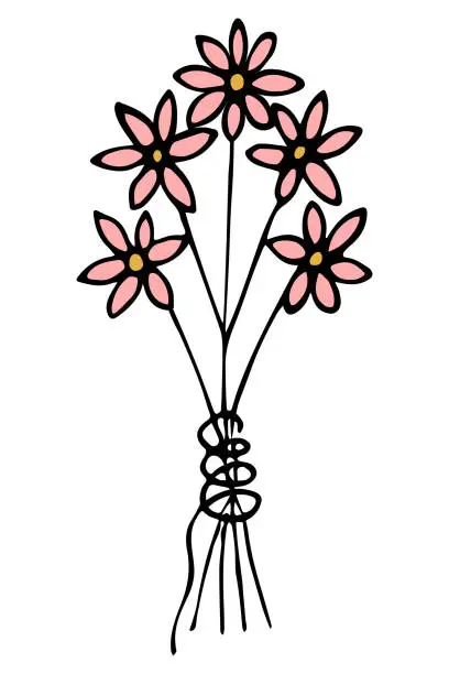 Vector illustration of Bouquet of pink flowers. The flowers are tied with thread. Cartoon style. Flowering plants.