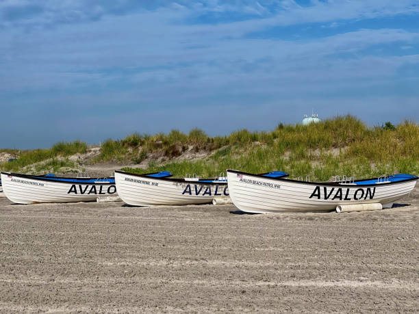 AVALON, NEW JERSEY - June 25, 2023.  A row of beach patrol boats on the shore in Avalon, New Jersey, a popular summer vacation destination on the East Coast.