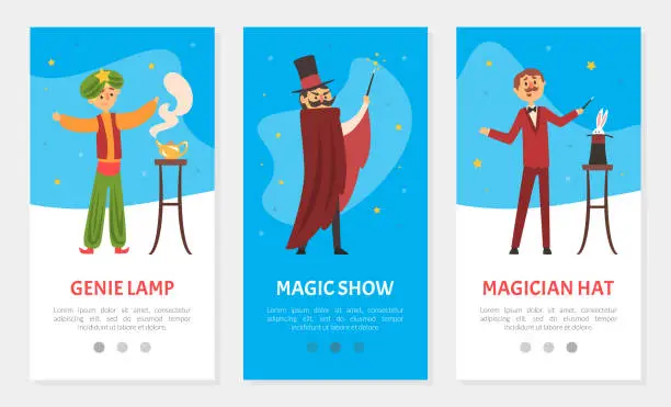 Vector illustration of Advertisement Banner with Man Illusionist or Magician at Circus Performing on Stage or Arena Vector Template