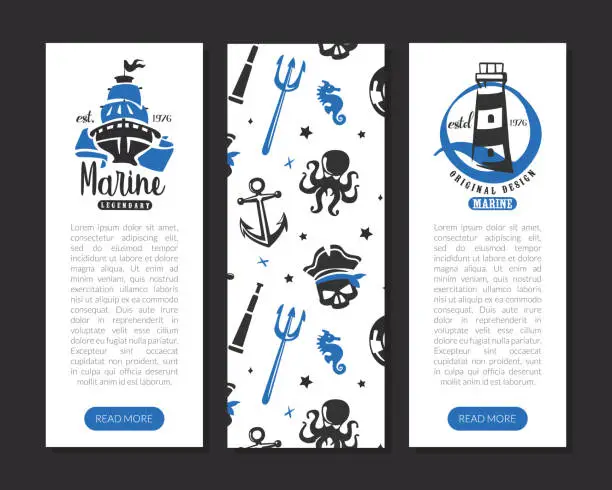 Vector illustration of Blue Nautical and Sailing Themed Banner with Ship and Lighthouse Vector Template