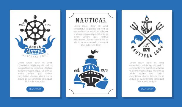 Vector illustration of Blue Nautical and Sailing Themed Banner with Ship and Steering Wheel Vector Template