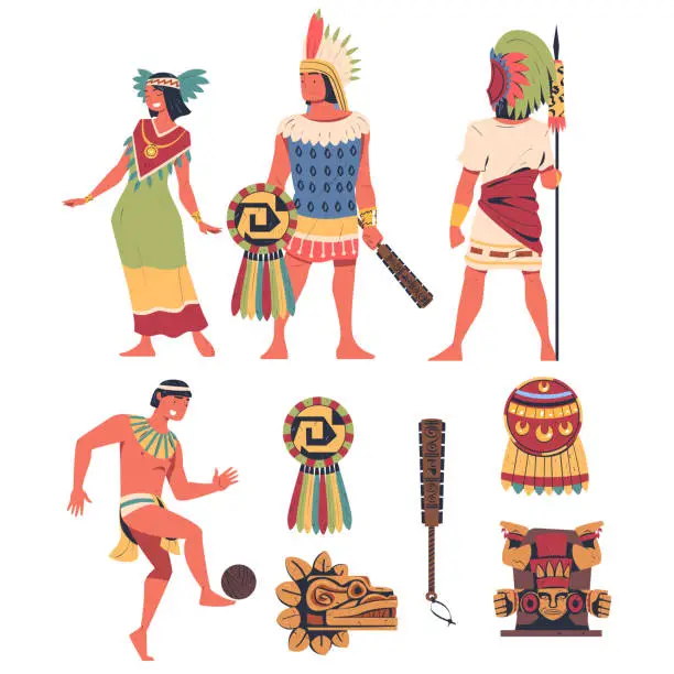 Vector illustration of Maya civilization people and artifacts set. Aztec cultural objects cartoon vector illustration