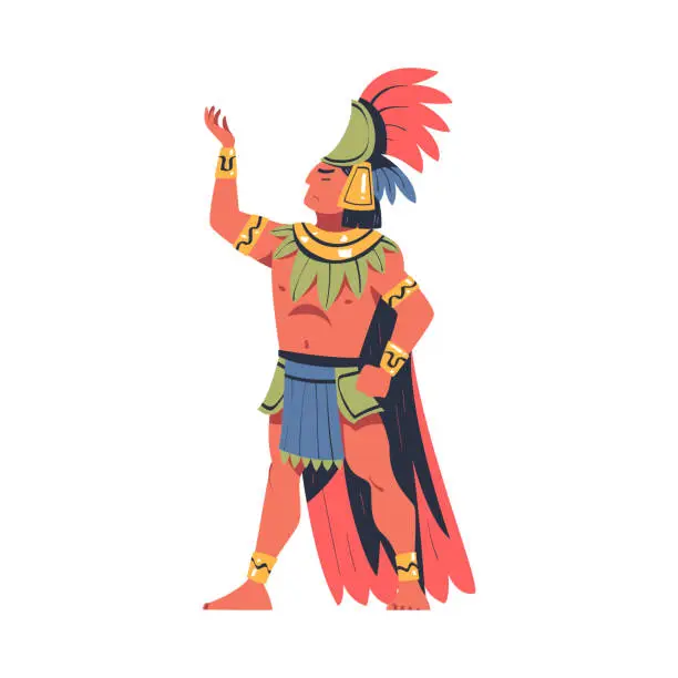 Vector illustration of Maya man in traditional costume and headwear performing ritual dance cartoon vector illustration