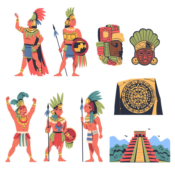 ilustraciones, imágenes clip art, dibujos animados e iconos de stock de civilización maya personas y artefactos conjunto ilustración vectorial de dibujos animados - headware