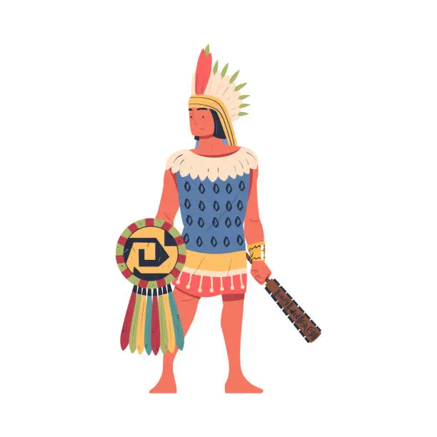 Vector illustration of Mayan man in traditional costume and headdress cartoon vector illustration