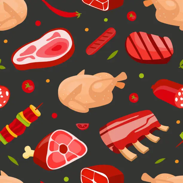 Vector illustration of Seamless Pattern with Fresh Natural Meat Product from Butchery Vector Template