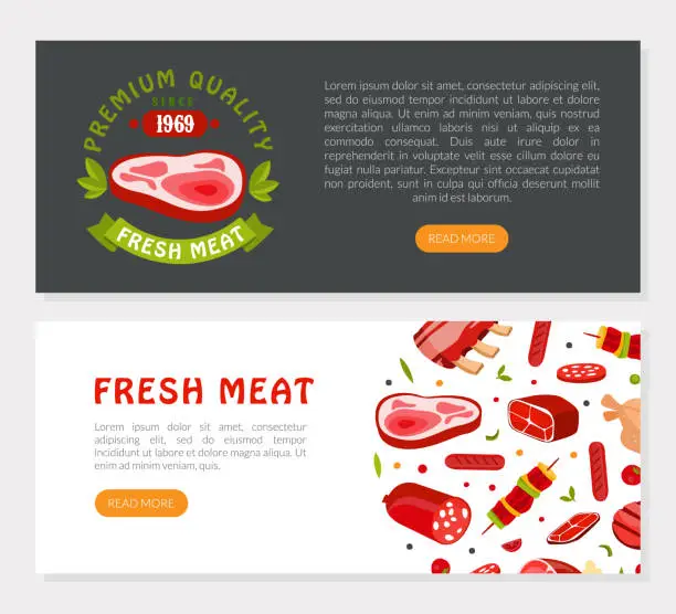 Vector illustration of Landing Page with Fresh Natural Meat Product from Butchery Vector Template