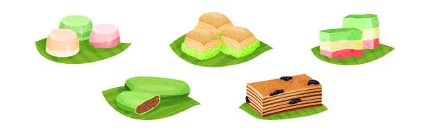 Vector illustration of Arabic Sweets Served on Green Leaf Vector Set