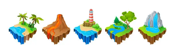 Vector illustration of Floating Game Islands with Palm, Lava, Lighthouse and Waterfall Vector Set
