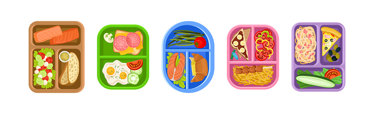 Plastic Lunch Boxes or Trays with Food in Different Sections Vector Set. Appetizing Meal and Snacks for Takeaway