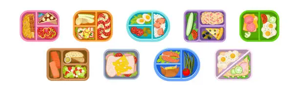 Vector illustration of Plastic Lunch Boxes or Trays with Food in Different Sections Vector Set