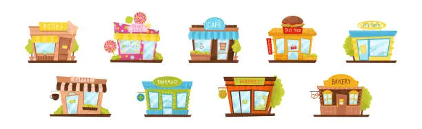 Vector illustration of Shop Window or Store Front with Signboard Vector Set