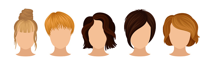 Different Hairstyle and Haircuts for Females Vector Set. Faceless Heads or Scalp with Hair Styling as Personal Grooming