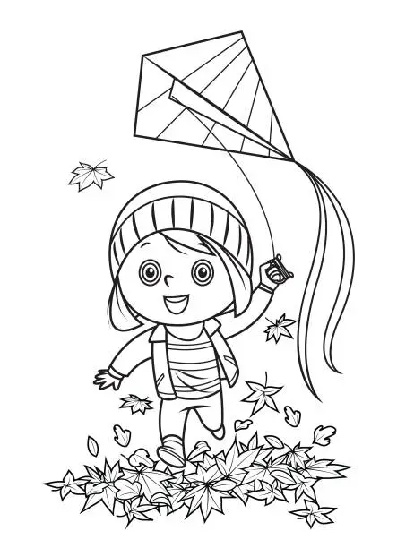 Vector illustration of Black And White, Girl holding kite while running at park