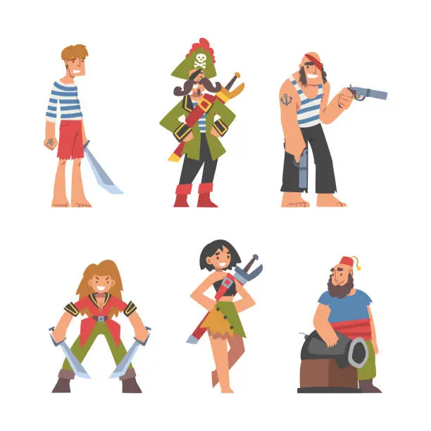 Vector illustration of Pirate or Buccaneer Character with Saber and Striped Vest as Marine Robber Vector Set