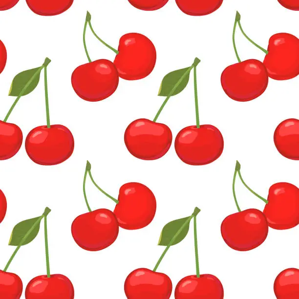 Vector illustration of Seamless pattern with cherry on a white background. Flat style vector illustration for summer stylish design, wallpapers, packaging, textiles, fabrics.