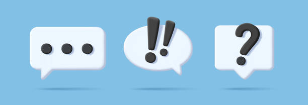 gelembung ucapan, komunikasi, dialog - set ikon bulat render 3d. bentuk putih dengan simbol teks - tanda tanya tanda baca ilustrasi stok