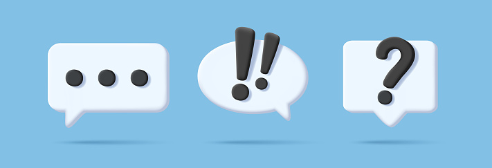 Speech, communication, dialogue bubbles - 3d render rounded icon set. White shapes with text symbols, isolated