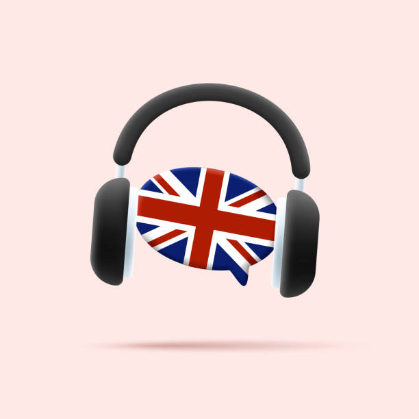 istock Online English cources digital 3d icon with headphones around speech bubble with british flag, audio guide icon 1533413481