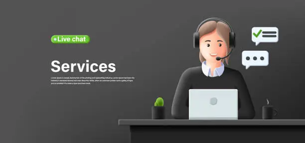 Vector illustration of 3d render illustration banner of online live chat support persone in front of laptop with headset on at working place, digital banner