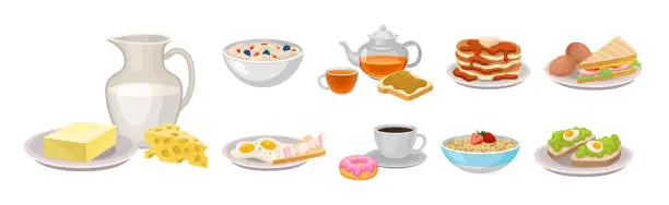 Vector illustration of Breakfast Food with Porridge Bowl, Teapot, Milk Jug and Pancakes Vector Set