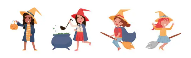 Vector illustration of Cute Little Girl Witches in Pointed Hat with Broom Vector Set
