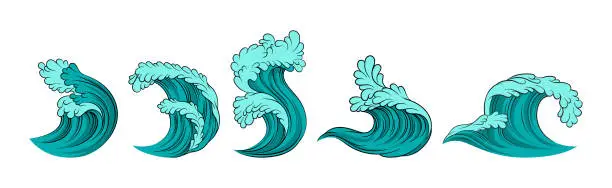 Vector illustration of Sea Waves with Foam and Blue Splashes Vector Set