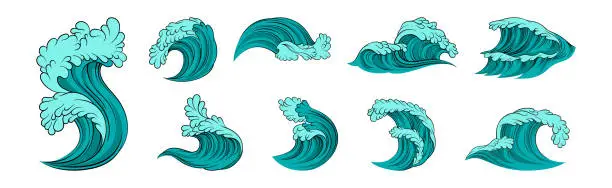 Vector illustration of Sea Waves with Foam and Blue Splashes Vector Set