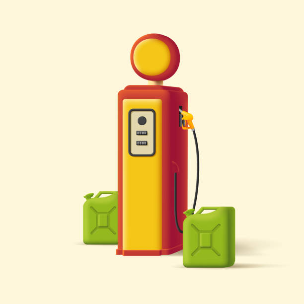istock Retro style Gas stationillustration with canisters and hose, 3d soft render style graphics 1533418313
