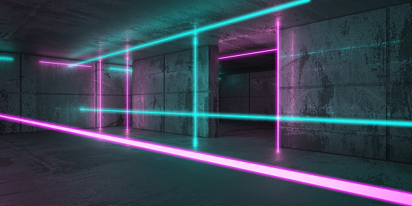 Neon and neon beams in the dark room. Futuristic Sci Fi glowing lights. 3d rendering