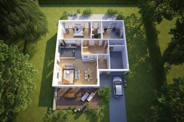 3d rendering of a 3d floor plan of a single-family house