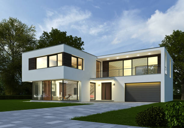 istock Modern cubic villa with garage in the evening 1533427655