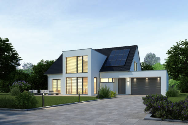 istock Modern house with a cubic extension and  garage in the evening 1533428193