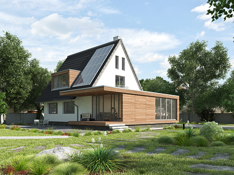 3d rendering of a house with a modern wooden cubic extension and solar panels